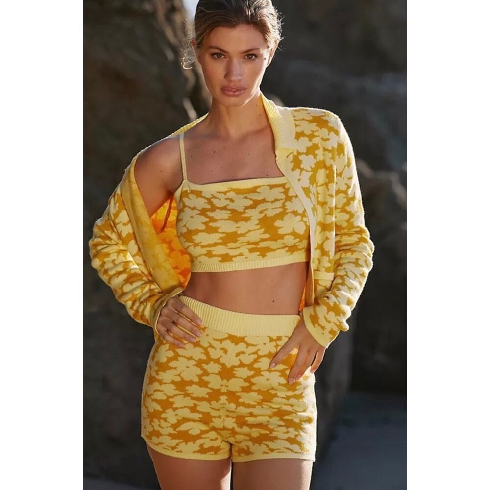 Anthropologie 3-Piece Knit Lounge Set Yellow Floral Cardigan Shorts Bralette S